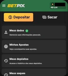 Menu da conta Betpix365 no celular